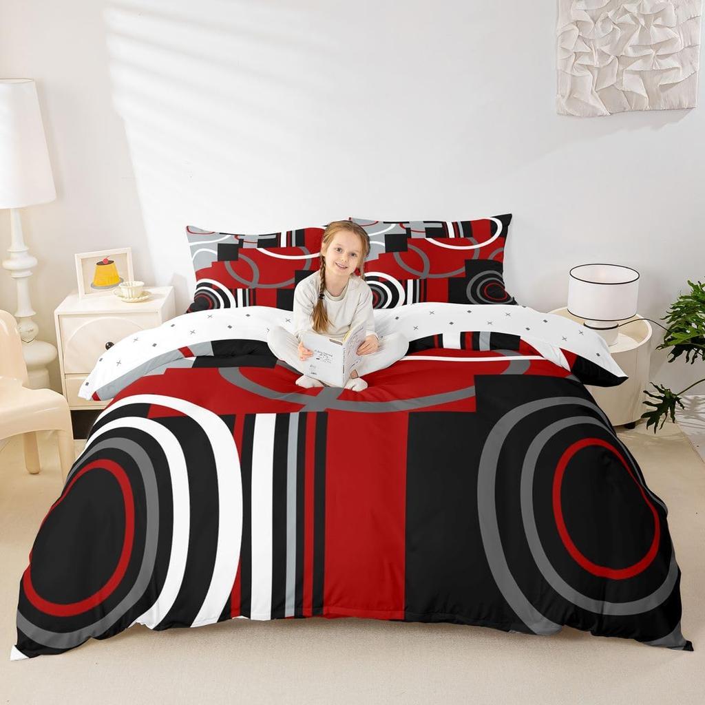 Feelyou Kids Red and Black Bedding Set King Size Circle Duvet Cover for Boys Girls Teens Bedroom Decor Geometric Square Comforter Cover Set