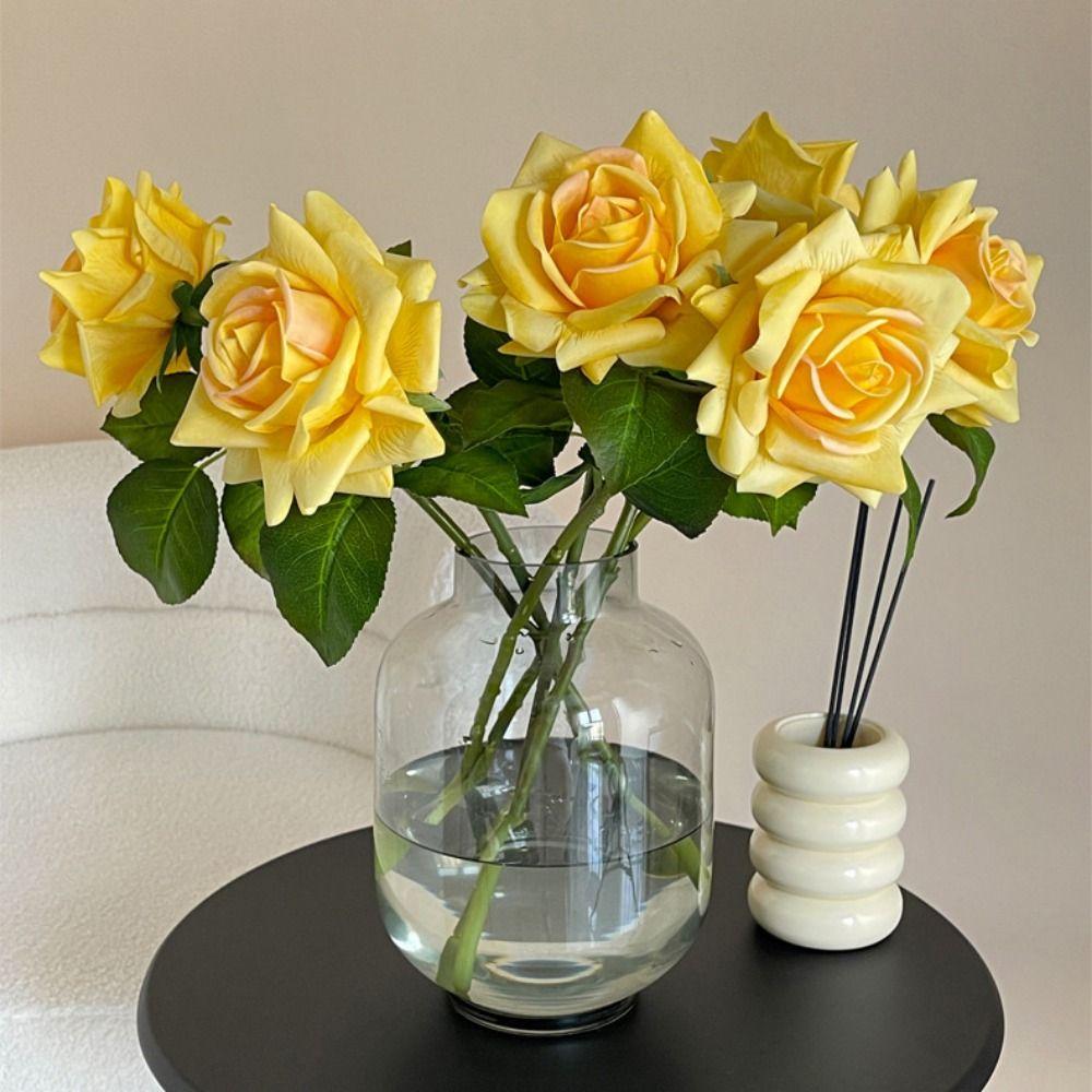 Multicolor Rose Artificial Flower Single Stem Green Leaves Faux Flower Photo Props Silk Petals Simulation Flower