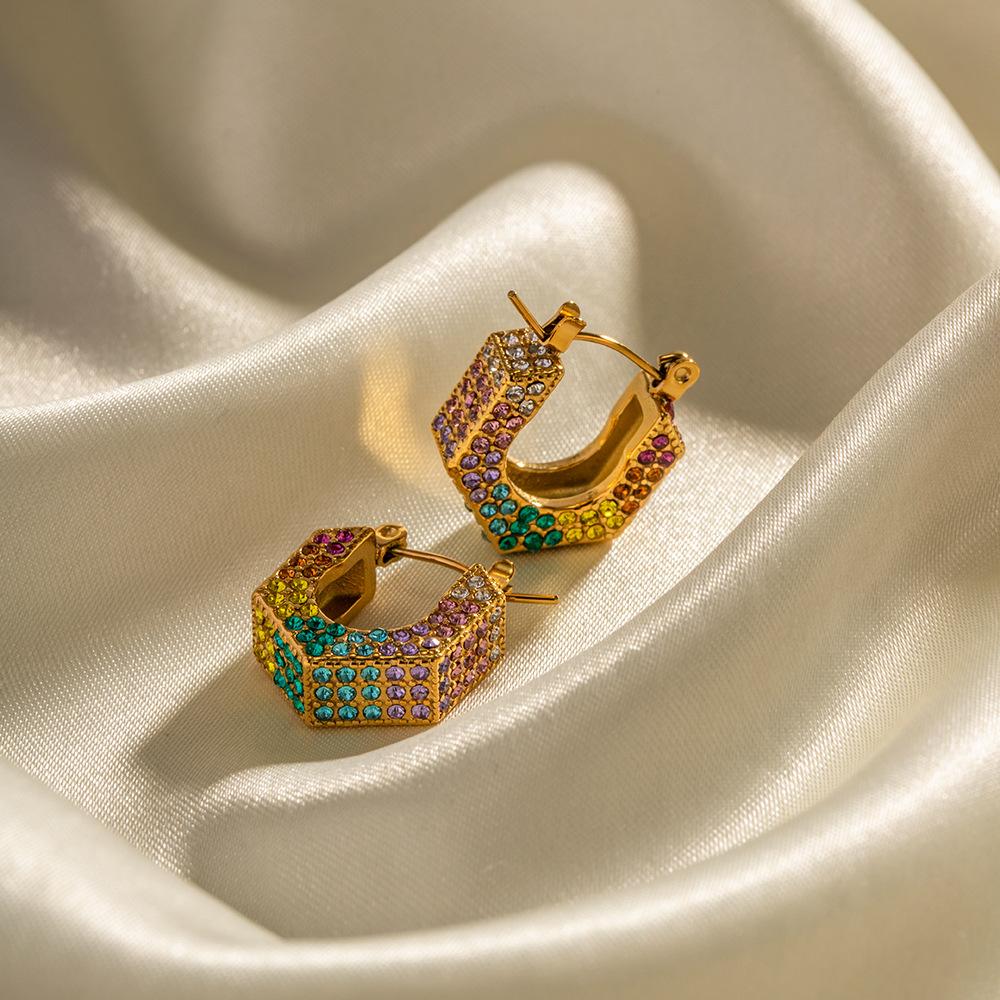 Luxury Diamond Cubic Zircon Earrings Stainless Steel Jewelry Gold Hoops Geometric Hoop Earrings
