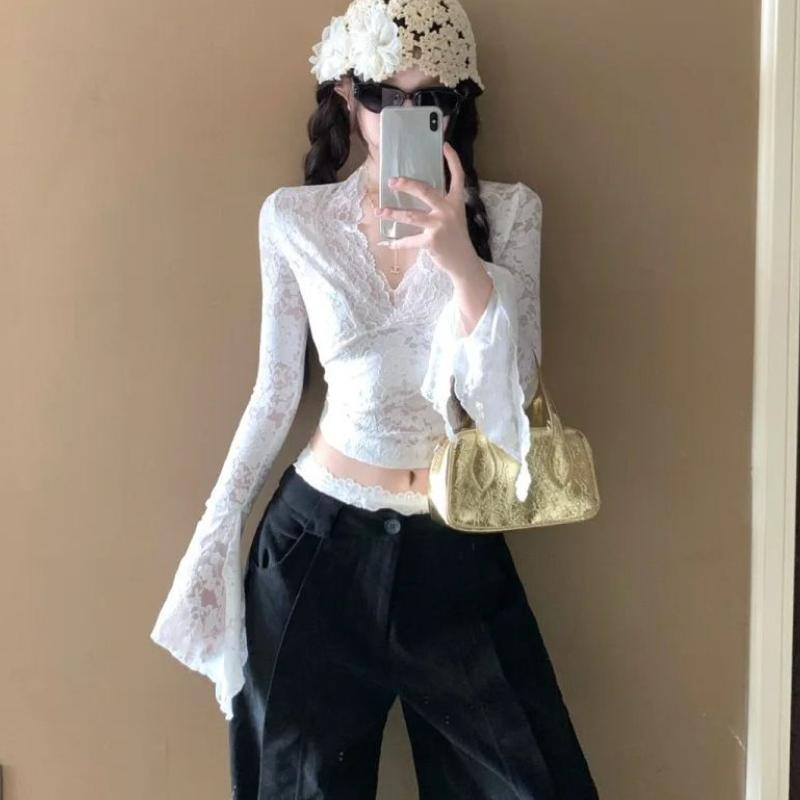 Sexy V-neck Cinched Waist Slimming Lace Shirt Pure Desire for Slimming Top