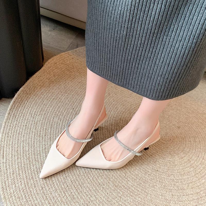 High heels women's 2025 new thin heel pointed head bag head one word rhinestone niche French temperament single shoes sandals black