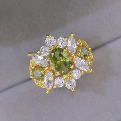 French Retro Design with Delicate Zircon Inlay and Olive Green Opening Ring