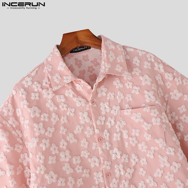 INCERUN S-XXXXXL Men Lapel Neck Short Sleeve Flowers Texture Buttons Casual Shirts