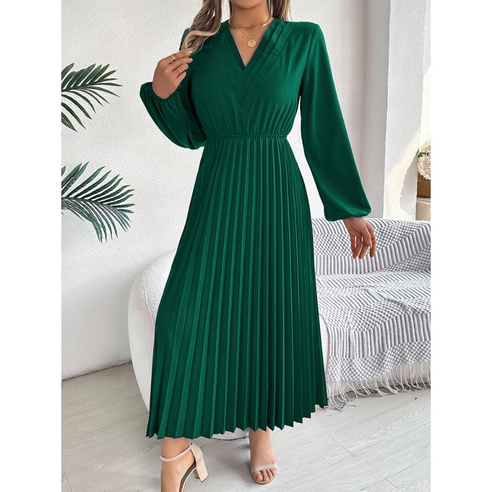 Autumn And Winter New Elegant Triple V-Neck Long Sleeved Waist Cinched Pleated Dress