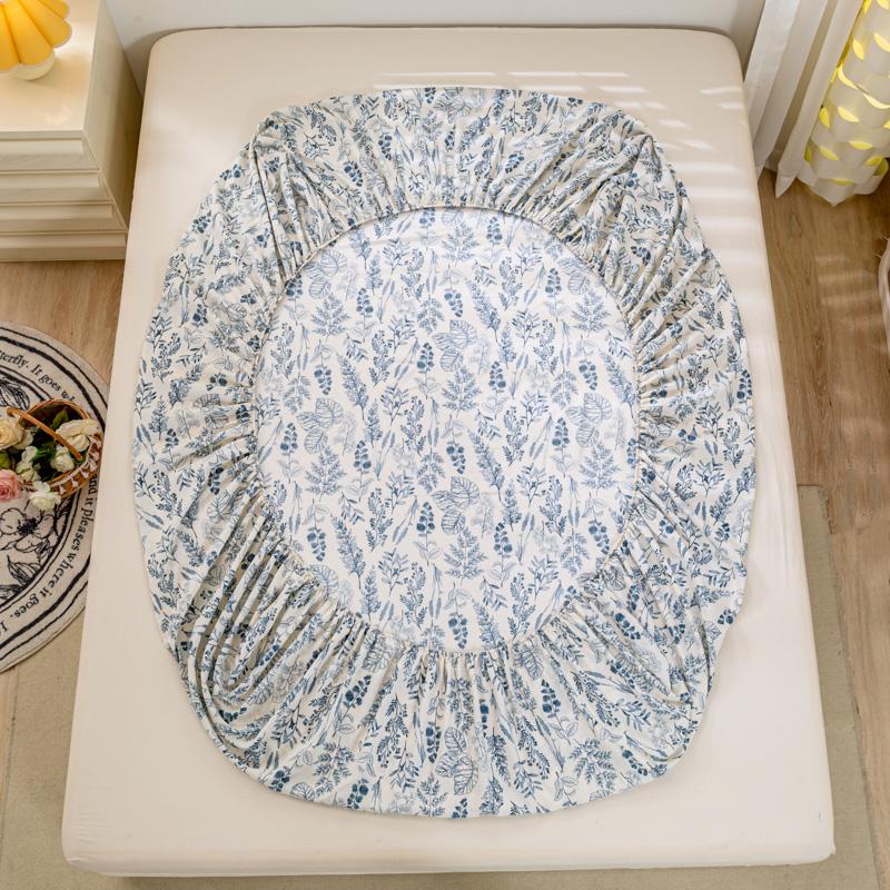 Bed Sheet with Elastic Washed Cotton Blue Flower Printed Fitted Sheet Single/Queen/King Mattress Cover for Double Beds