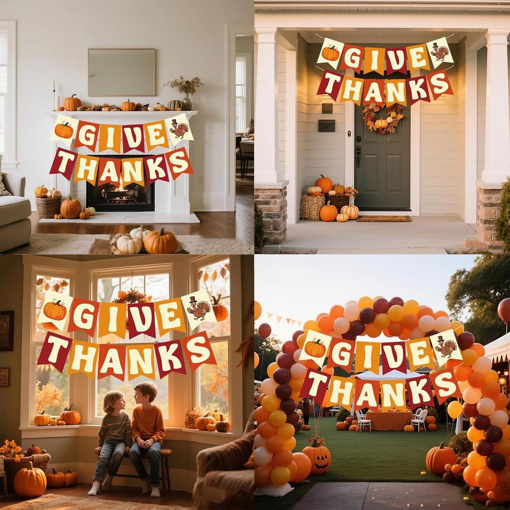 Thanksgiving Banner, Pre-Strung Give Thanks Banner Thanksgiving Hanging Decorations With Pumpkin Turkey, Fall Banners For ide Autumn Friendsgiving