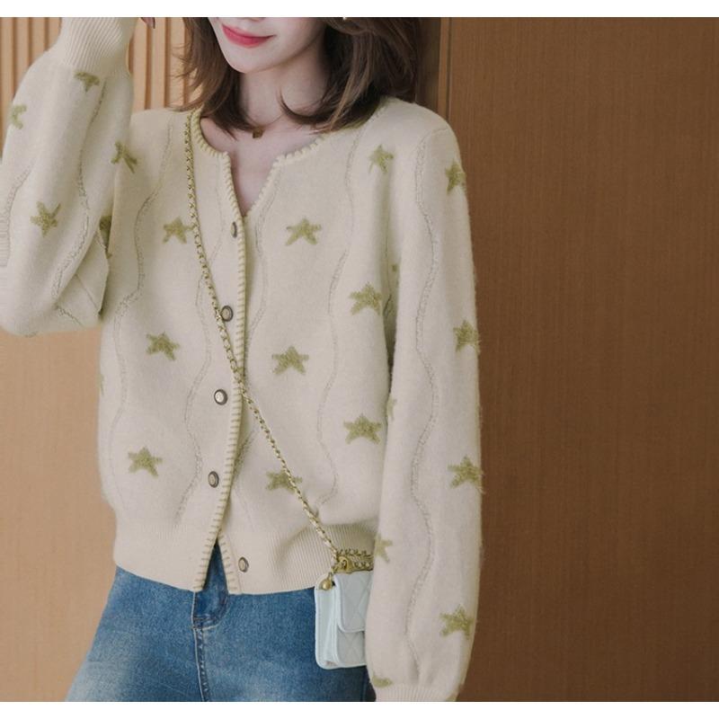 Spring and Autumn V-neck Purple Stars Inside The Gentle Wind Outside The Knitted Cardigan Sweater Female Casual Fashionable and Versatile