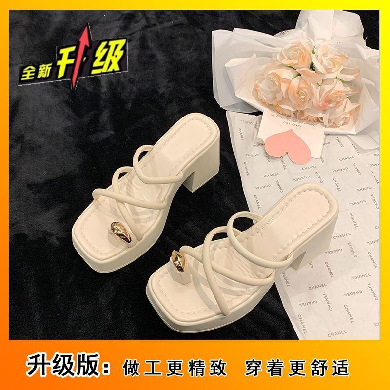 Internet Celebrities Thick Heel Thick Bottom Toe One-word Women 2025 Summer New Fashion Women High Heel Wear Versatile Cool Slippers