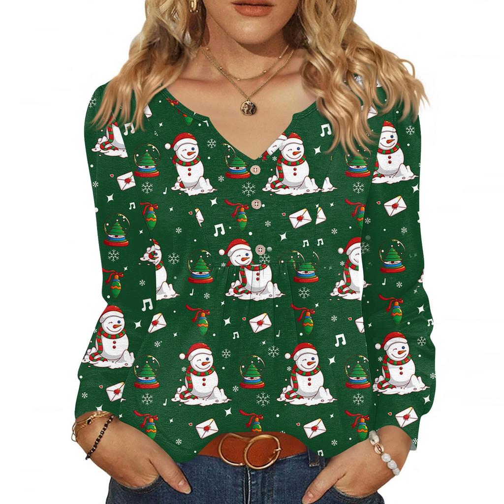 Dámská módní ležérní halenka s výstřihem do V, knoflíky, vánoční potisk, s dlouhým rukávem, pulovr, tričko, top