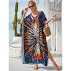 Moda Donna Estate Primavera Stampa a Blocchi di Colore Maniche 1/2 Scollo a V Linea Vita Lassa Abiti Casual