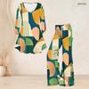 Women Plus Size Round Neck Three Quarter Sleeve Printed Flared Top And Flared Pants Two Piece Set