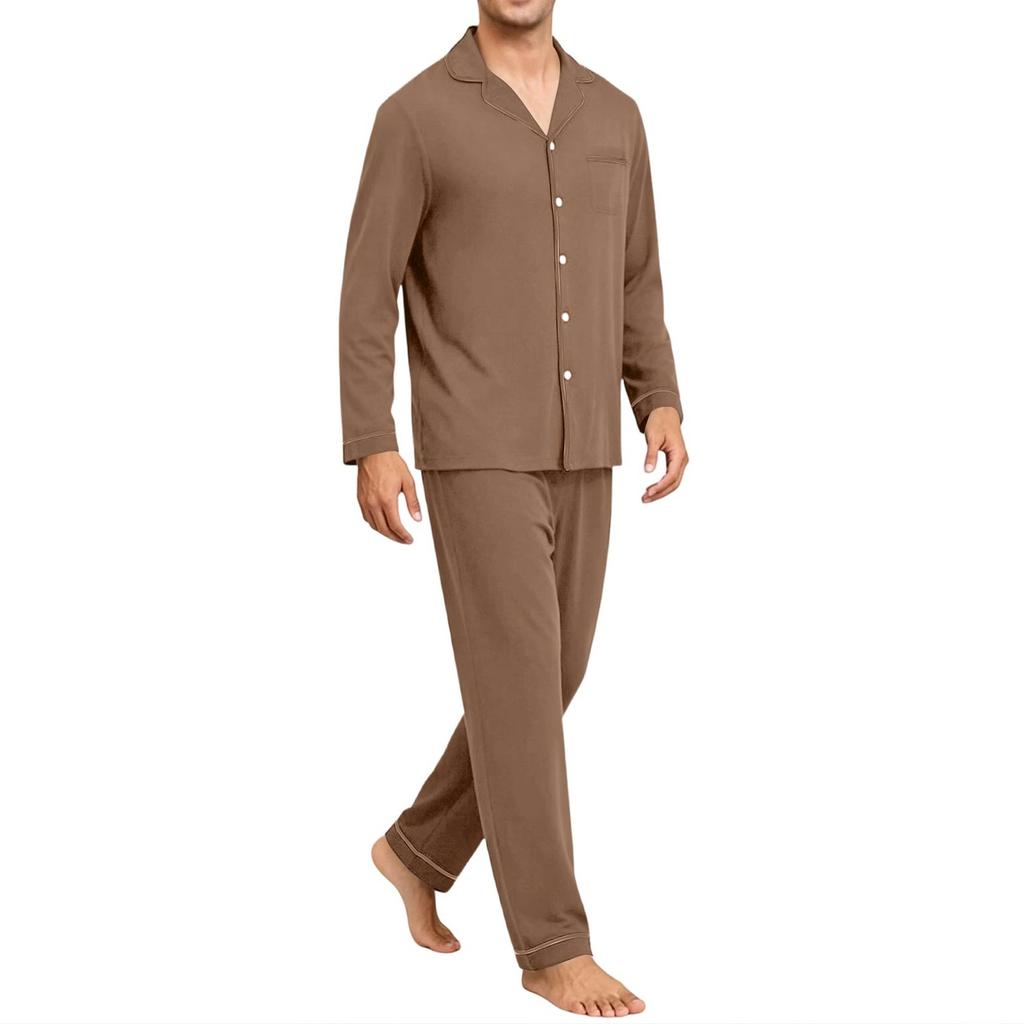 Men's Comfortable Button-Down Pajama Set Long Sleeve Loungewear for Sleep and Home