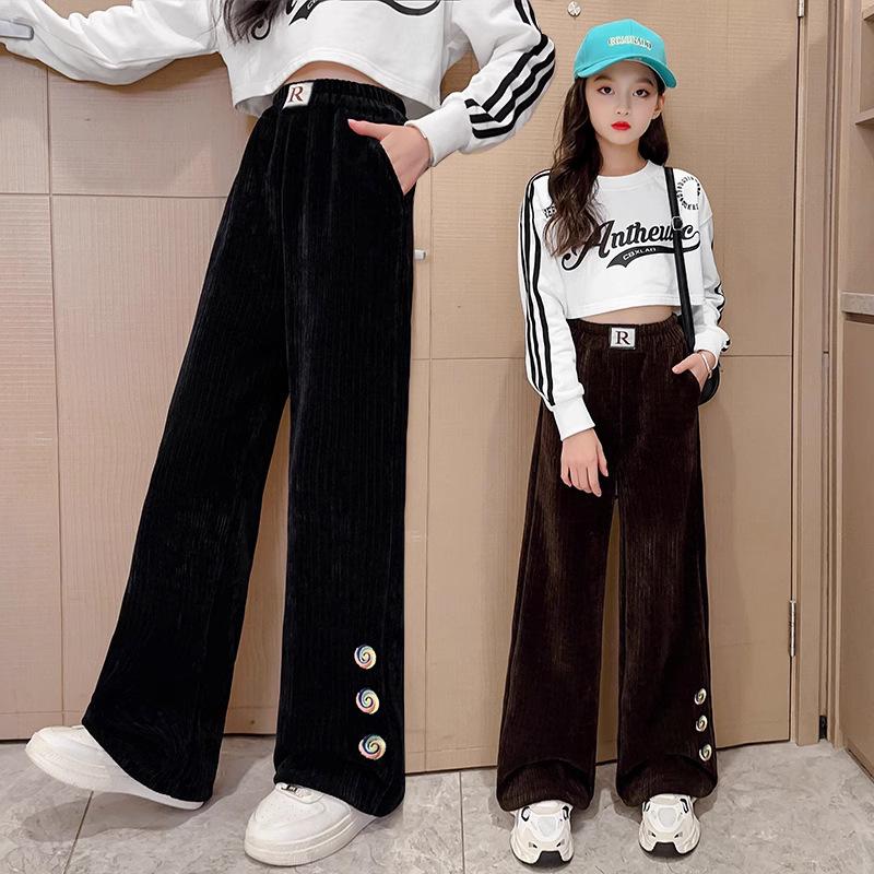 Girls' Sping Autumn Fleece-lined Wide-Leg Casual Pants - Stylish & Cozy for Middle and Big Kids