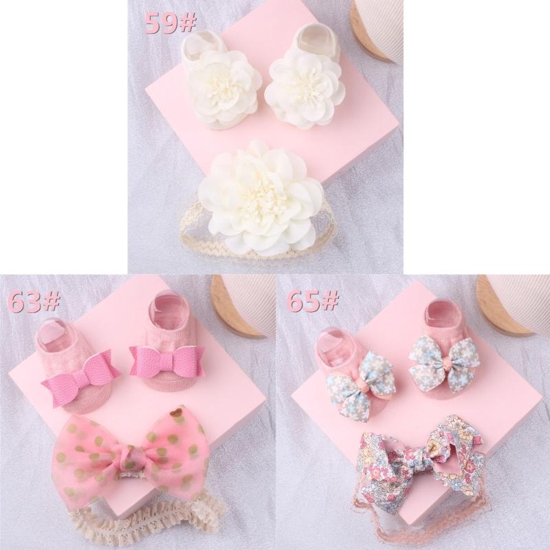 Lace Headband & Socks for Baby Unisex Boy Girl Elastic Headdress Anti-Skid Floor Socks Gender Neutral Heads Accessories