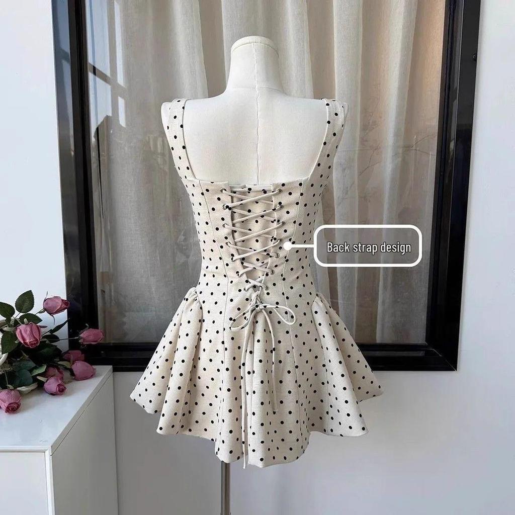 Korean-Style Polka Dot Square Neck Summer Dress with Tie-Up Patchwork