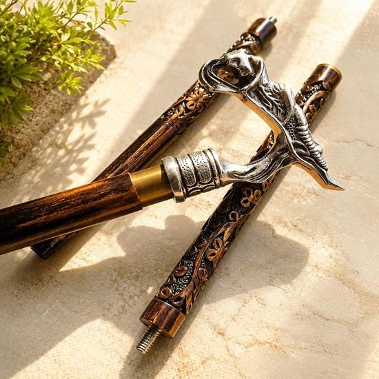 Dragon Head Walking Cane Handmade Wooden Stick Brass Handle Fantasy Gift Idea 93.98 cm