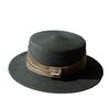 Spring and Summer French Elegant Pearl Flat-top Straw Hat for Women, British Retro Sun Hat for Seaside Vacation and Beach Sun Protection