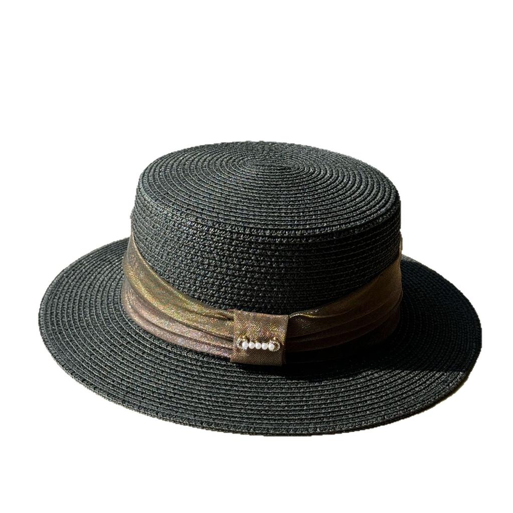 Spring and Summer French Elegant Pearl Flat-top Straw Hat for Women, British Retro Sun Hat for Seaside Vacation and Beach Sun Protection