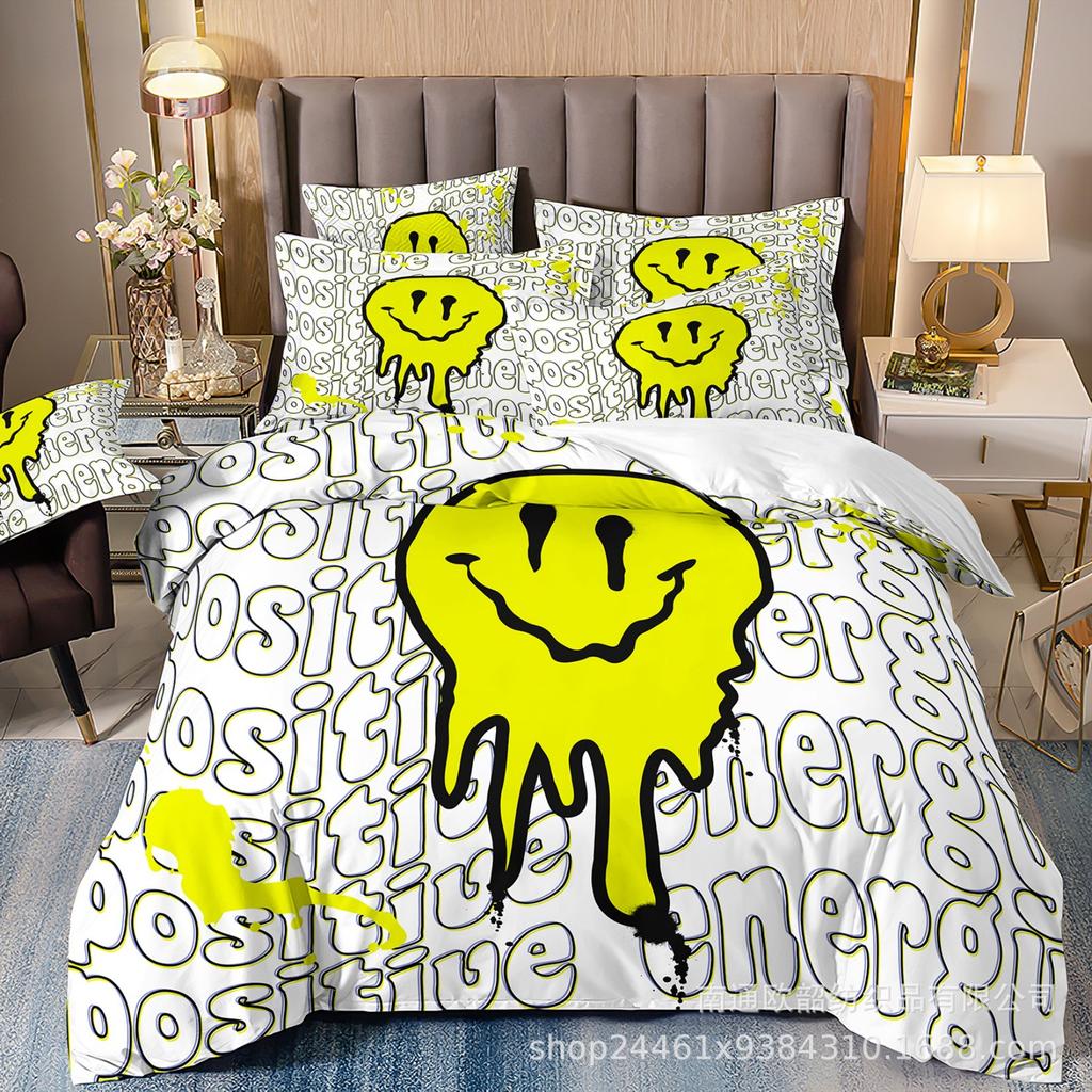 Heiß verkaufte 3D Digitaldruck Hip-Hop Graffiti Smiley Gesicht Bettwäsche Kissenbezug Bettbezug Dreiteiliges Set
