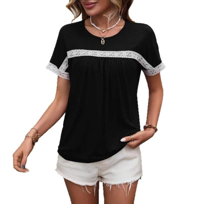 Women Short Sleeve Round Neck Lace Spliced Casual T Shirt