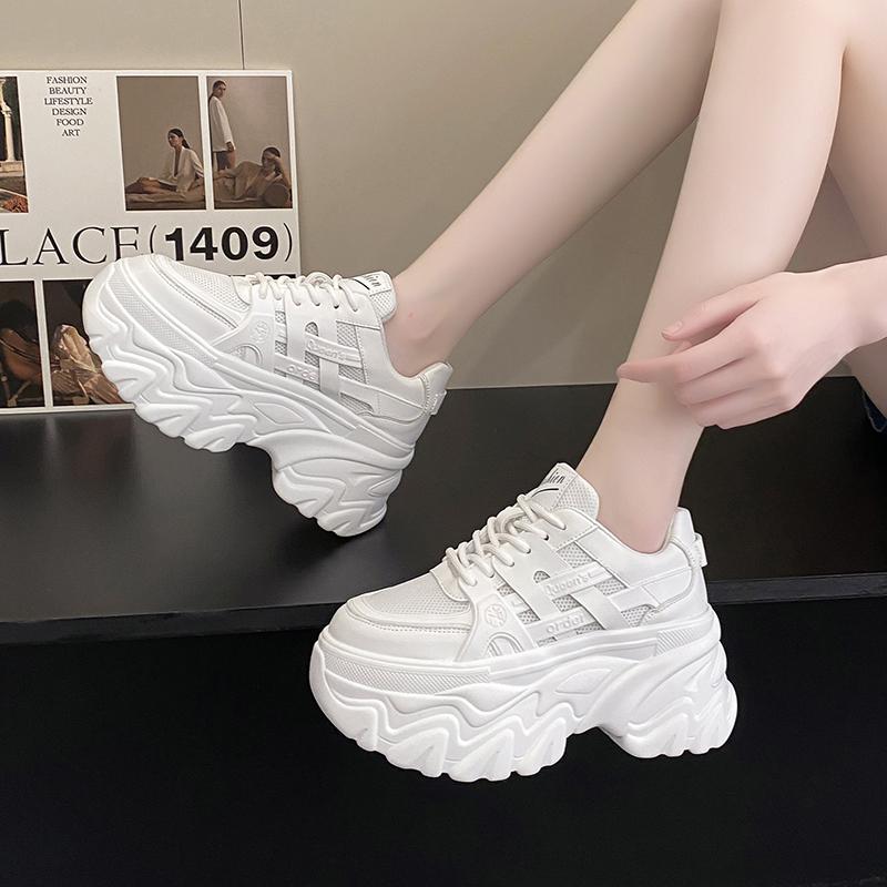 Fashion White Chunky Sneakers Women New 2024 Autumn Hidden Heel Platform Sports Dad Shoes Woman Lace Up Breathable Mesh Casual Shoes 8CM