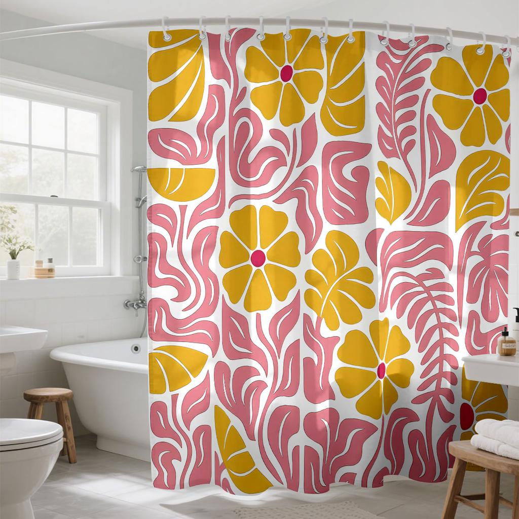 Boho Floral Geometric Shower Curtain 90GSM Waterproof Vintage Botanical Print Bathroom Decor with Hooks