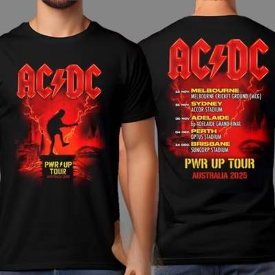 AC DC PWR UP Australia Tour 2025 Lato Koszulka z Merchandisingiem z Listą Dat na Listopad i Grudzień Koszulka dla Mężczyzn i Kobiet Góry