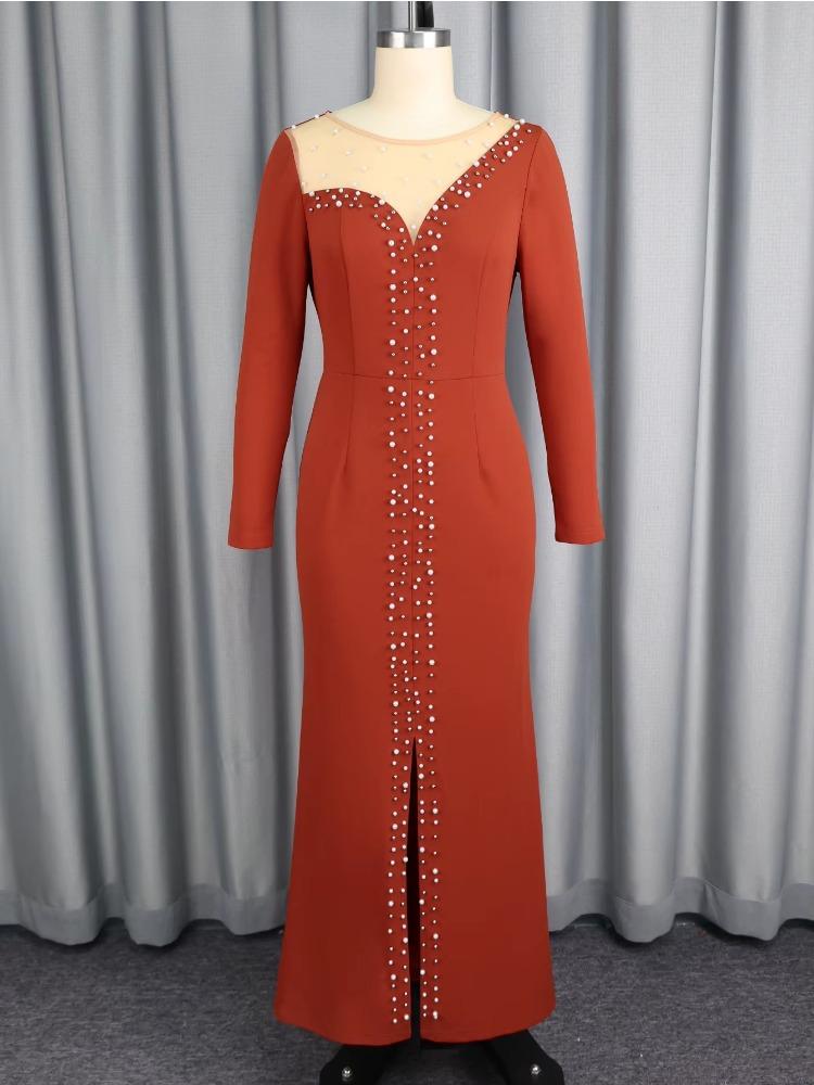 Elegant BrickRed Trumpet Dress Beading Patchwork Mesh Long Sleeve Sheer Slim Fit High Waist  Autumn Winter Party Dress