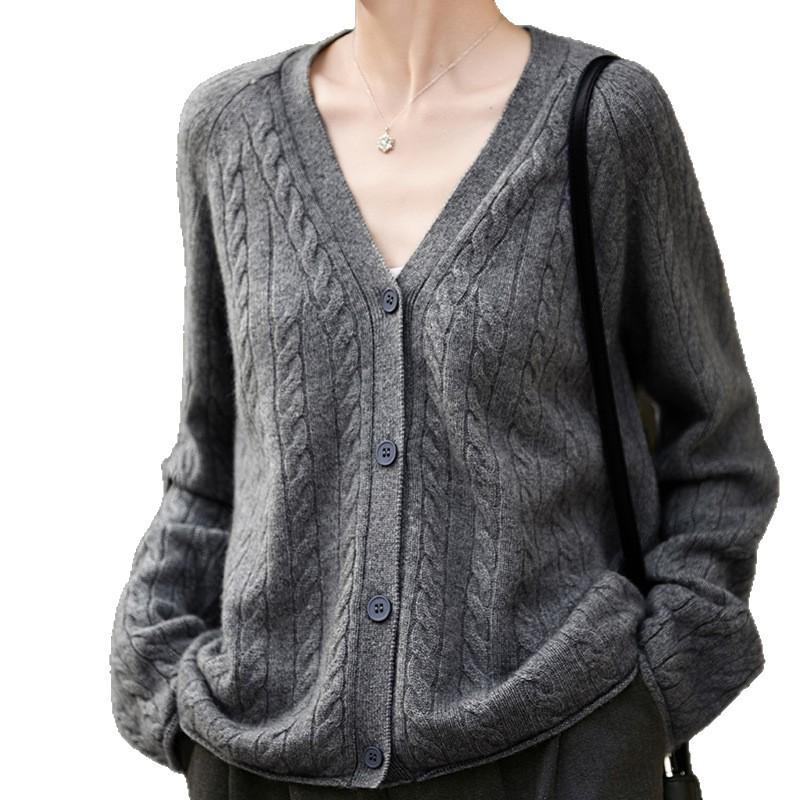 2026 Women's Pure Wool V-Neck Cable Knit Cardigan - Versatile Loose Fit Autumn Winter Outerwear
