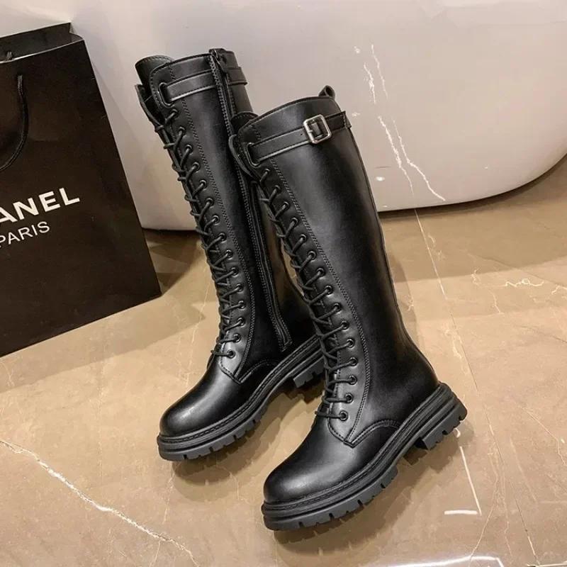 Mode Damen Kampfstiefel Weibliche Hohe Plateau Gothic Schuhe Schwarze Lederstiefel Schnürstiefel Damen Kniehohe Stiefel