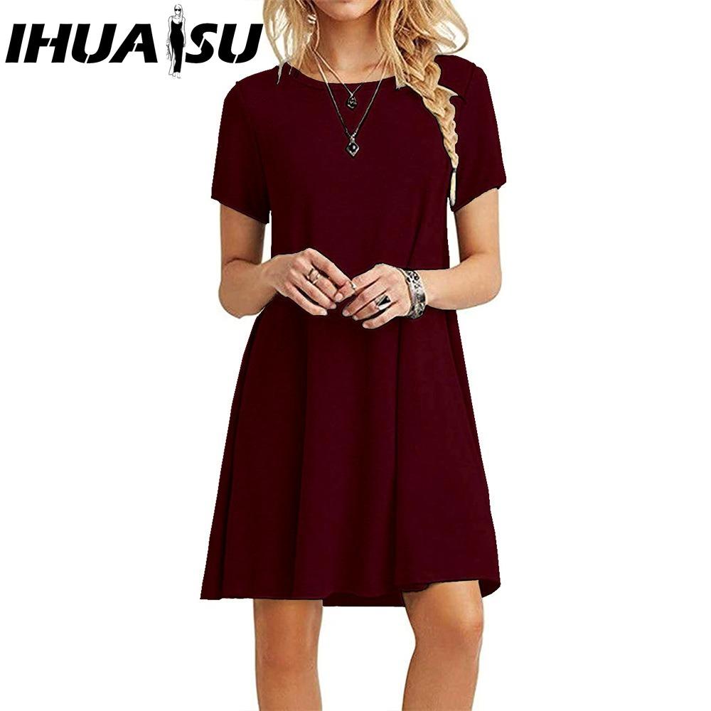 

IHUASU Женская мода Лето Весна Однотонный принт Короткий рукав Круглый вырез Повседневные платья XXL бордовый