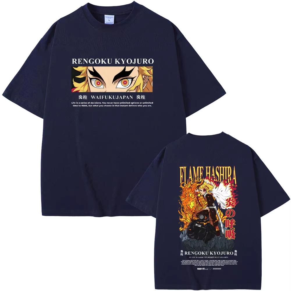 Anime Demon Slayer T-shirt Rengoku Kyoujurou Ögon Grafisk T-shirt Män Kvinnor Mode Casual T-shirts Manlig Mjuk Bomull Kort Ärm