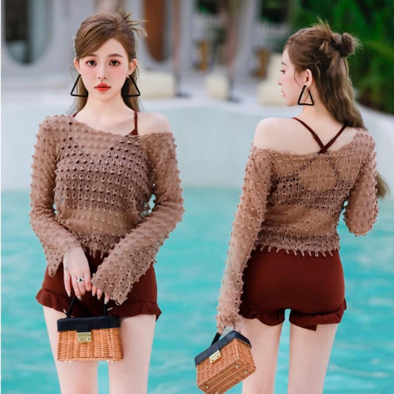 

Fairy Fan Bikini Sexy Swimsuit Women s Size Chest Gathered Long Sleeves Split Three-piece Hot Seaside S коричневий