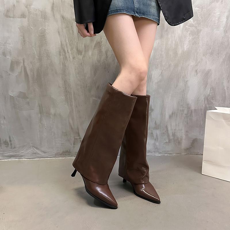 

New high-heeled women s shoes fall women s knee-high boots modern knight pointed shallow mouth high boots 41 коричневый