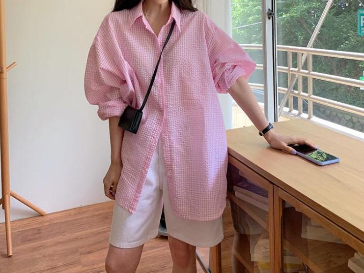 2026 Pink Korean Style Plaid Loose Sun Protection Bubble Cotton Lapel Shirt for Women