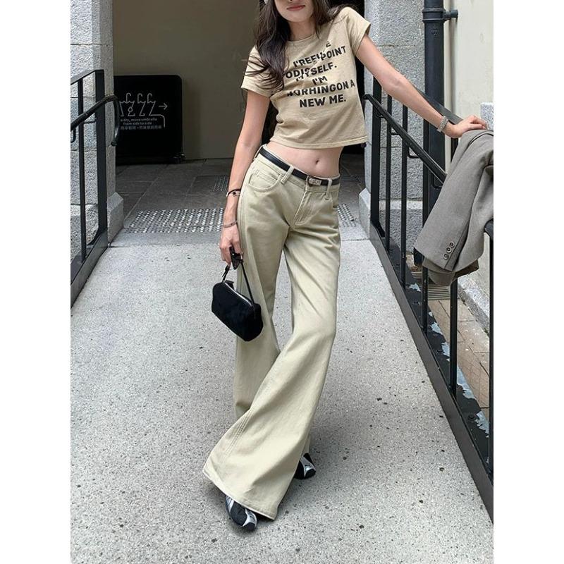 Spezialwaschung Farbe Hellkhaki Jeans Damen Herbst Old Money Gerade Lässig Schlaghose
