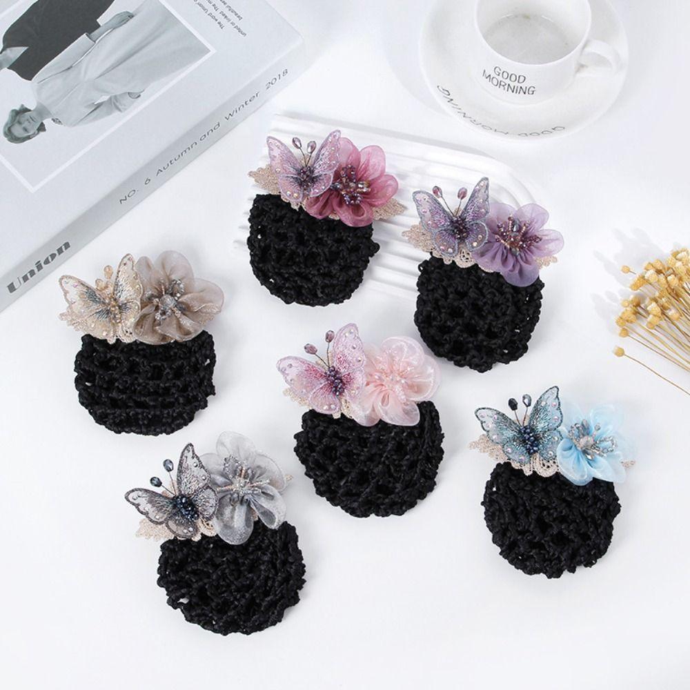 Butterfly Flower Elastic Hair Net Rhinestone Beads Decor Hair Bun Holder  Hotel Staff Uniform