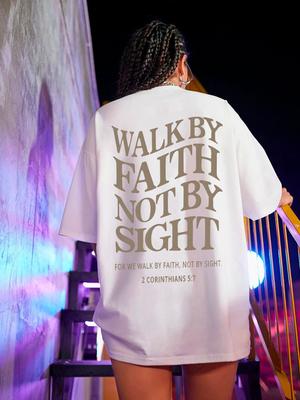 KROCZ WIARĄ, NIE WZROKIEM Koszulki z nadrukiem sloganów dla kobiet Unisex z krótkim rękawem Białe T-shirty Top 100% Bawełna Oddychająca Casualowa Koszulka