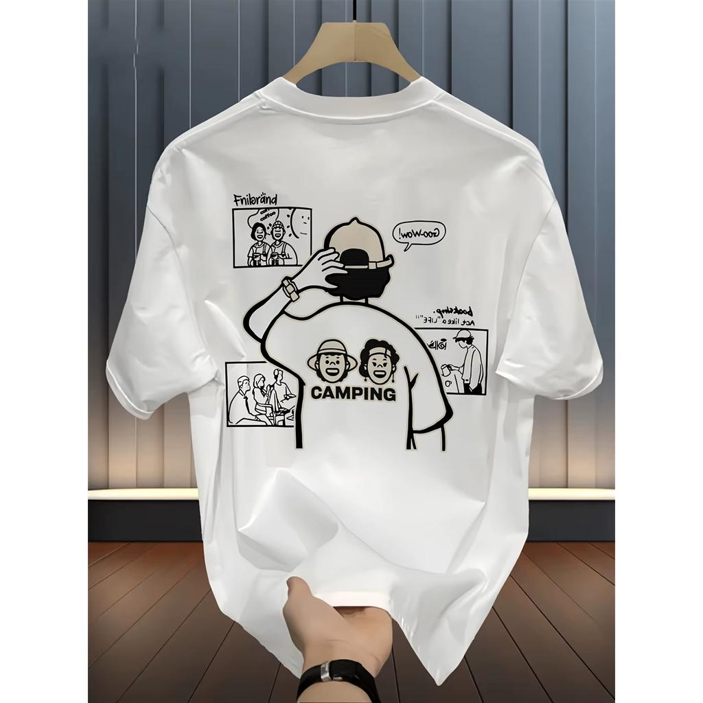 Unisexs Cotton TShirt Summer Casual Street Style Cartoon Camping Pattern Print Loose ShortSleeved HipHop Style RoundNeck