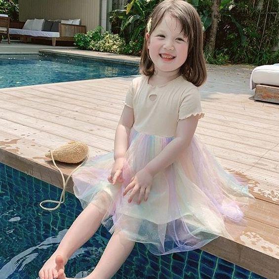2026 Girls' Korean-Style Rainbow Princess Dress: Trendy Summer Gauze Skirt