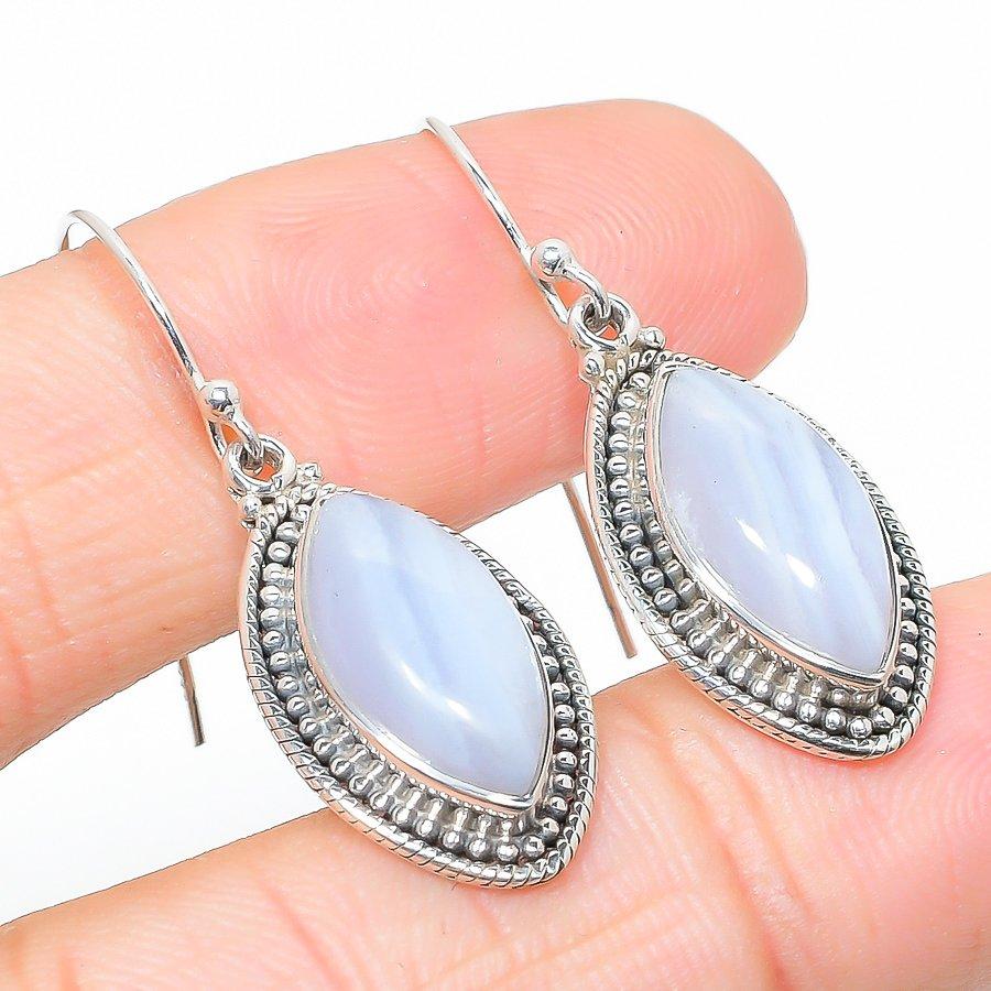 Natural Blue Lace Agate Gemstone 925 Solid Sterling Silver Earring 1.50" G5O36