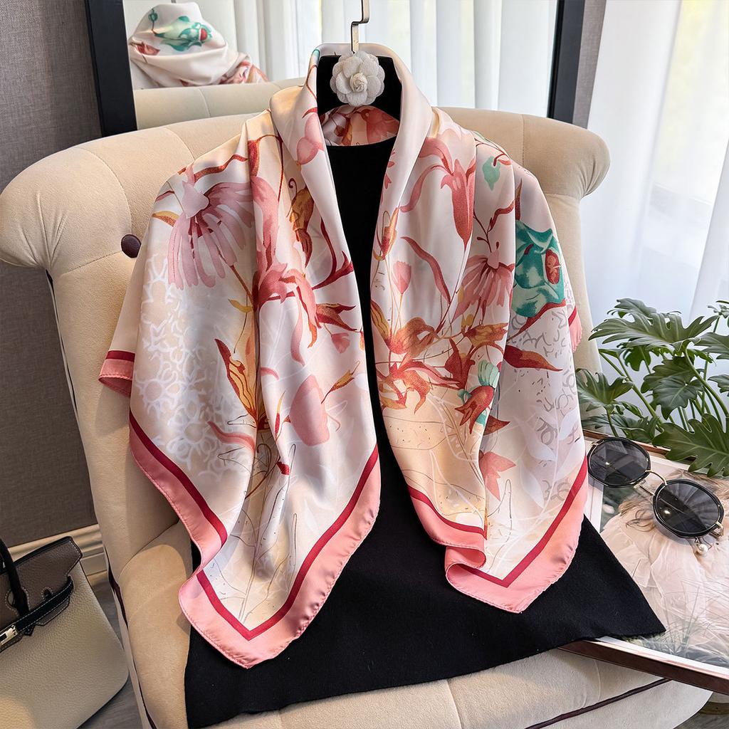 Silk Scarf Women'S Digital Printing Simulation Silk Shawl Spring And Autumn Women'S 90 Square Scarves Light Luxury Fashion Versatile