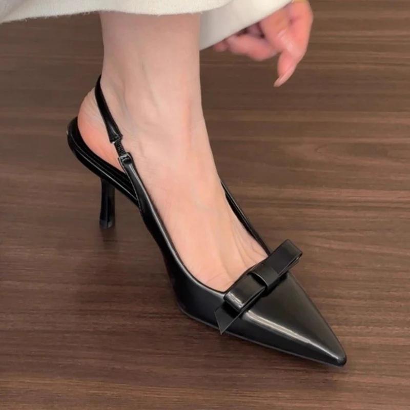2025 New Modern Office Shoes Women Summer Black Wedding Slingback Pointed Toe Butterfly Decoration Female High Heeled Sandals