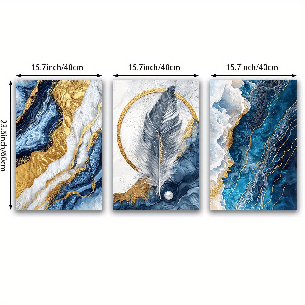 3pcs Art Deco Canvas Wall Art Set - Unframed Abstract Golden Blue Sea Feather Prints for Home Office, Bedroom, Living Room - Ind