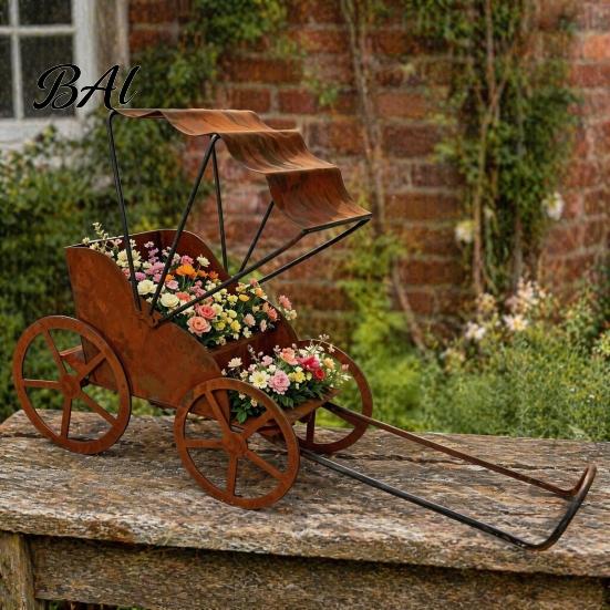 Outdoor Decorative Accents Rustic Rickshaw Garden Ornament, Metal Yard Sculpture, Weatherproof Gifts for Family Retro Decoration Lawn Patio