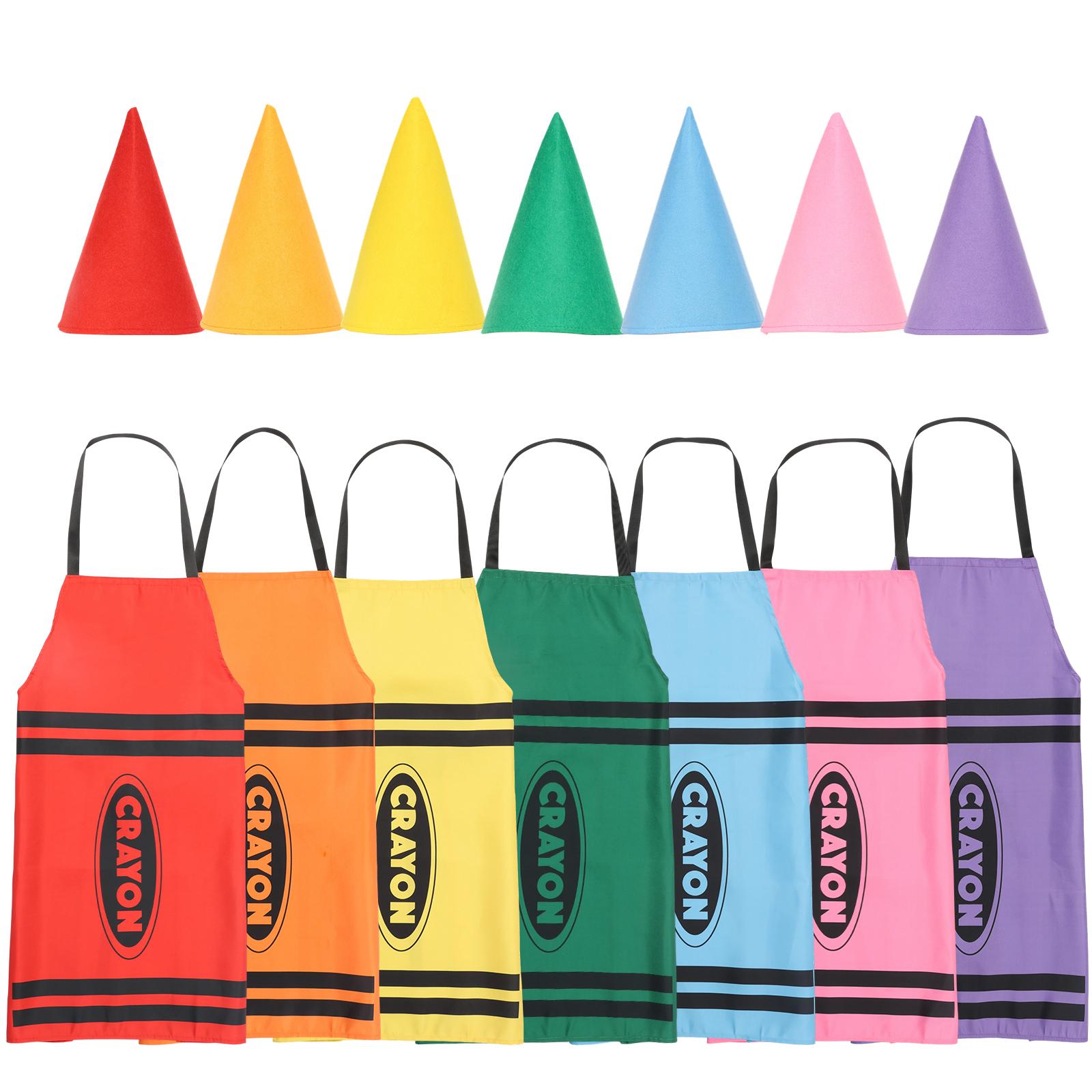 7Pcs Crayon Apron Costume Set 7 Colors Fancy Crayon Apron and Funny Cone Hats Costume Set for Adults Family Halloween Party
