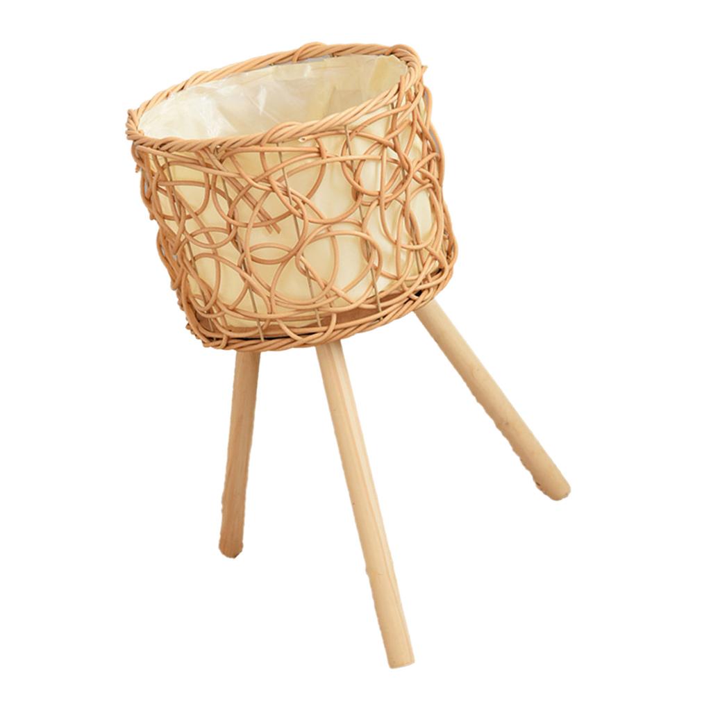Woven Rattan Plant Stand Flower Pots Holder Stool with 3 Wood Legs Floor Planter Basket Rack for Home or Office Use