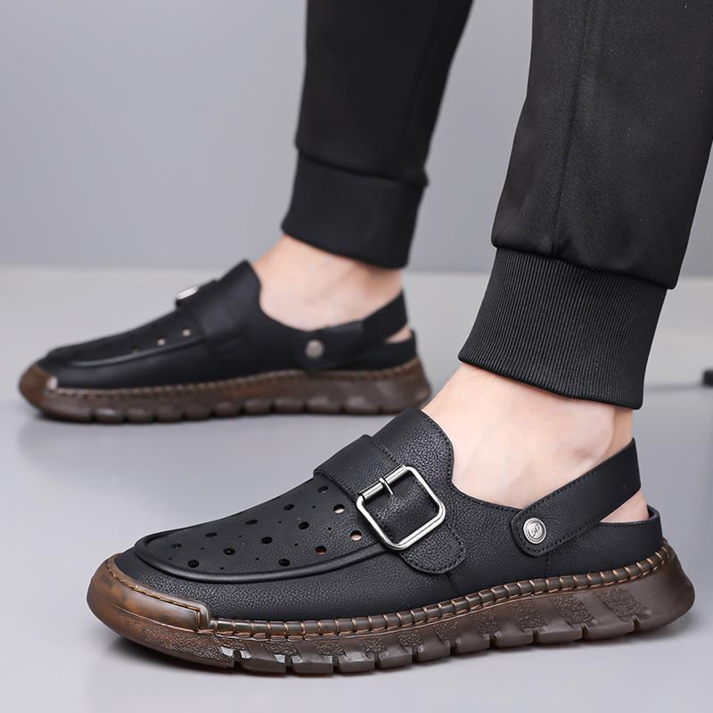 

Men Hiking Sandals Outdoor Black Grey Leather Shoes Wide Head Closed Toe Sport Sandals Summer Beach Shoes Large Size EU:45 чёрный