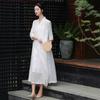 Mountain Spirit Sheer Flowy Tie-Waist Long Dress with Irregular Neckline, Women's Ramie Tea Dress