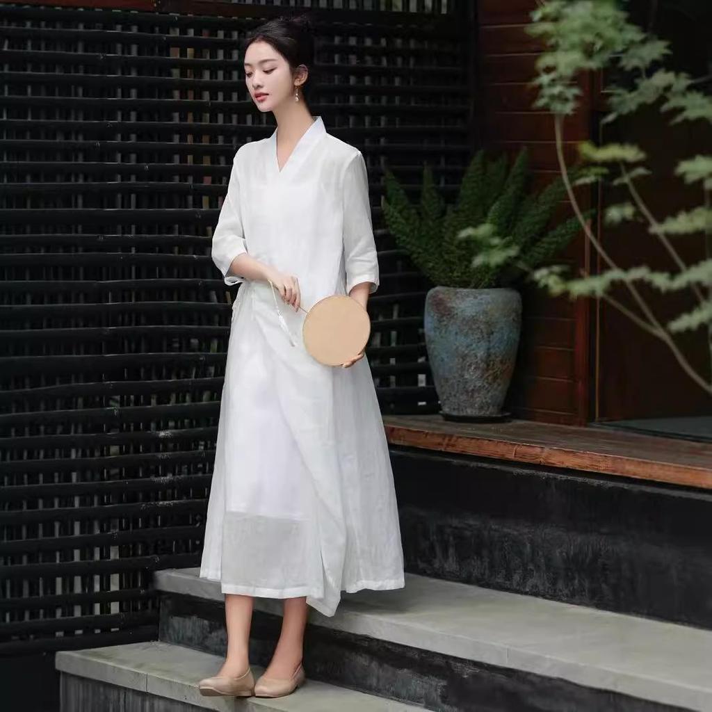 Mountain Spirit Sheer Flowy Tie-Waist Long Dress with Irregular Neckline, Women's Ramie Tea Dress